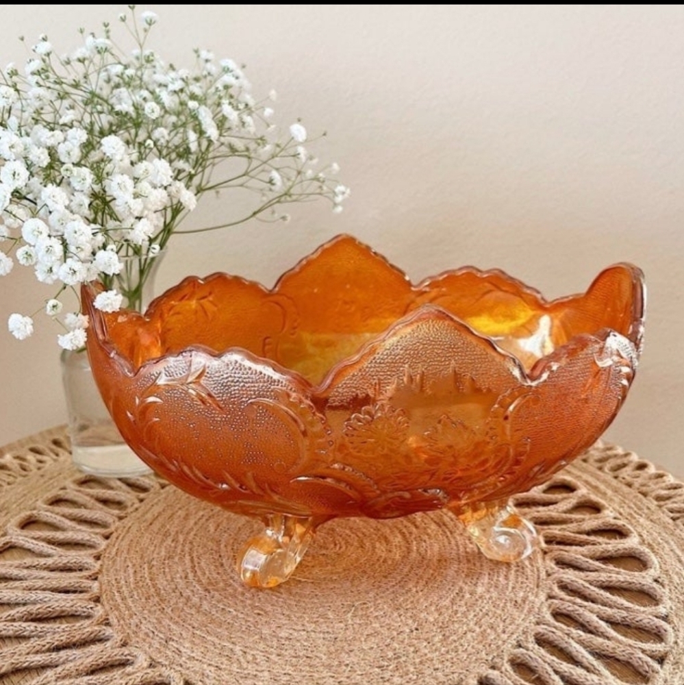 Vintage Orange Iridescent Carnival Glass Candy Dish